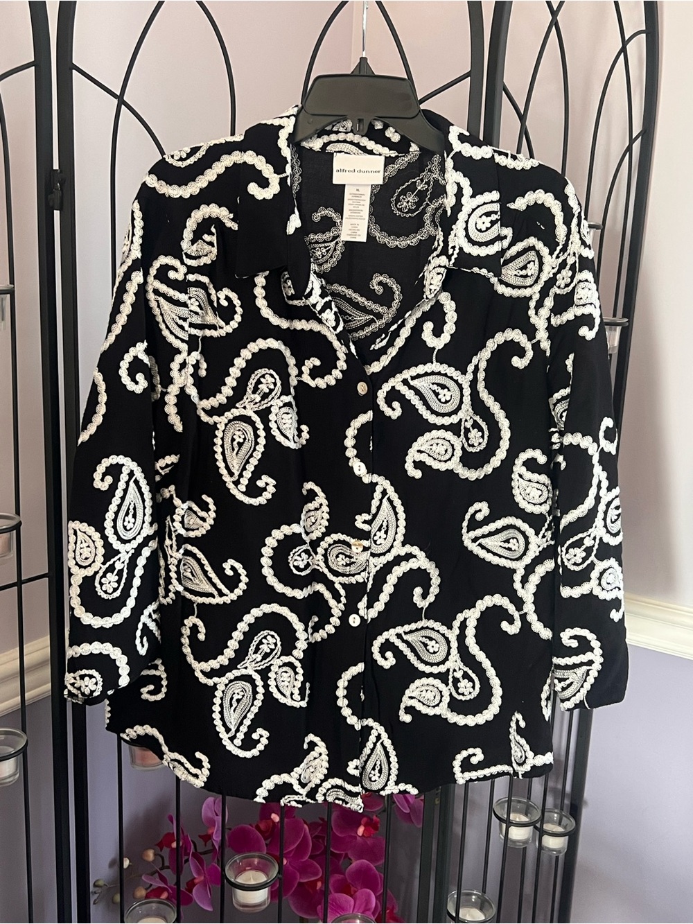Alfred Dunner Black and White Paisley Button-Down Shirt